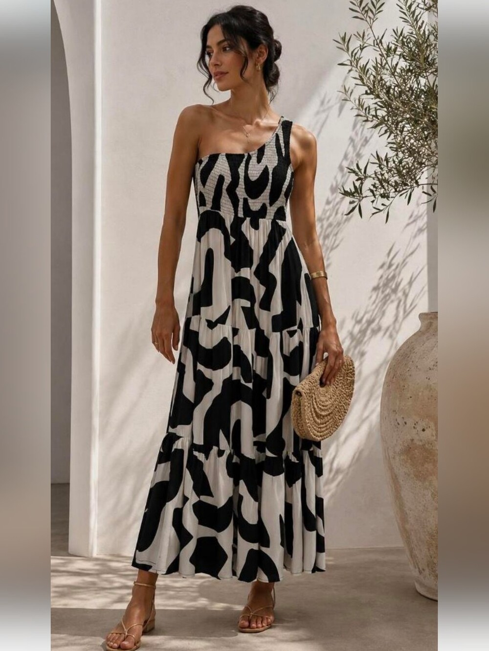 Anthropologie Abel The Label Smocked One Shoulder Maxi Dress Abstract Sz Lg NEW